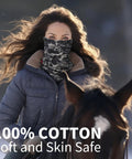 Woman wearing Straight Up Flame Resistant Neck Gaiter Two Pack With Fire Retardant Face Mask for outdoor riding. 100% cotton, skin safe.