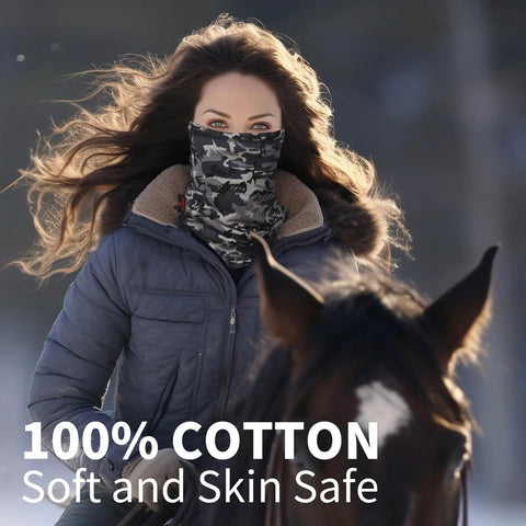 Woman wearing Straight Up Flame Resistant Neck Gaiter Two Pack With Fire Retardant Face Mask for outdoor riding. 100% cotton, skin safe.