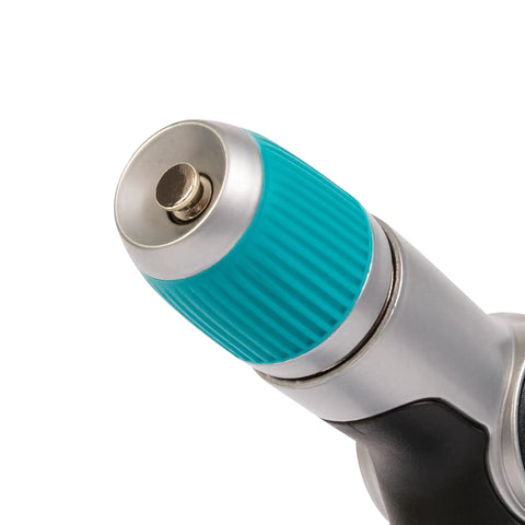 Close-up of Medium Duty Thumb Control Garden Hose Nozzle With Adjustable Spray Pattern showing ergonomic design and easy grip handle.