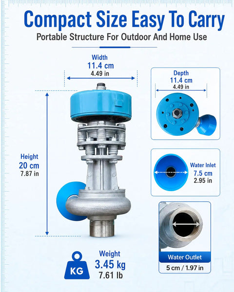 1000W Micro Hydroelectric Generator Aluminum Alloy Water Turbine with dimensions and weight details