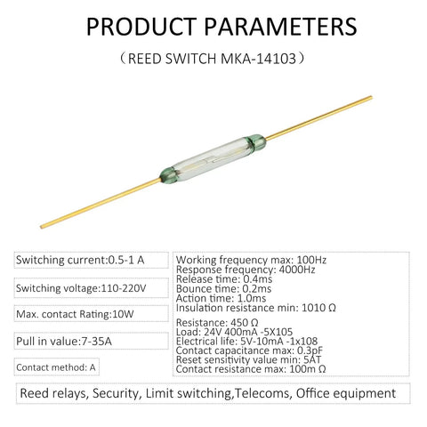 Model MKA-14103 2 By 14mm Reed Normally Open Magnetic Induction Switch with parameters table for tiny enclosures
