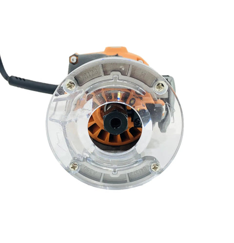 Front view of 5.5 Amp Corded Compact Power Trim Router With Micro Adjust Dial R24012 Renewed LED Light Quick Release Lever Base