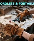 Ready To Rock 101 Piece Mini Cordless Rotary Tool Kit Featuring 4V High Torque Motor with five speed settings in use for wood carving.