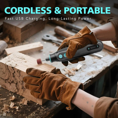 Ready To Rock 101 Piece Mini Cordless Rotary Tool Kit Featuring 4V High Torque Motor with five speed settings in use for wood carving.