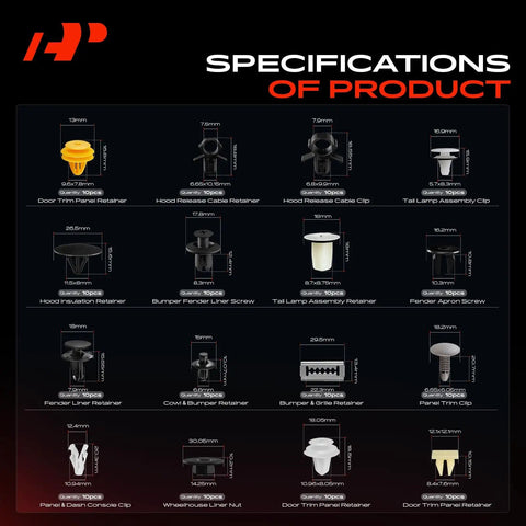 Top Shelf 310 Piece Retainer Clip Assortment For Hyundai Accent 2012-2017 specifications showing various fastener sizes and types.