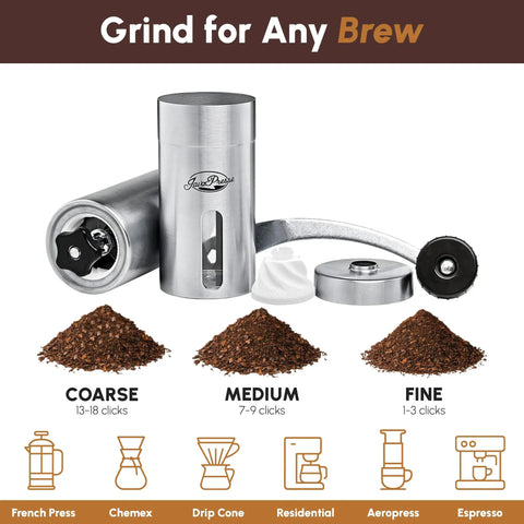 Manual Stainless Steel Coffee Grinder With 18 Adjustable Settings, showing coarse, medium, fine grinds, and detachable hand crank.