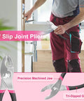 Person using 6" slip joint pliers with precision machined jaw and tri-dipped grip during a plumbing task.