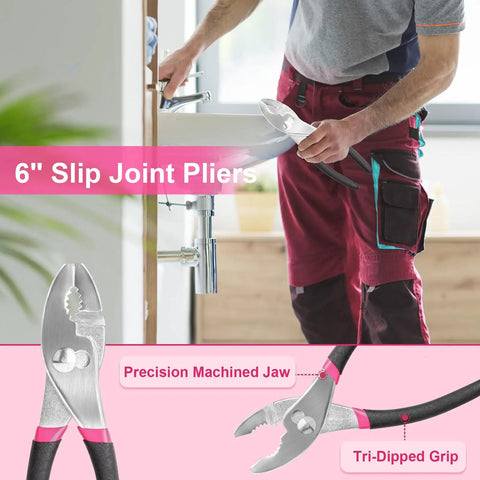 Person using 6" slip joint pliers with precision machined jaw and tri-dipped grip during a plumbing task.
