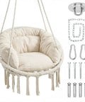 Cozy Macrame Hammock Chair With Thick Cushions, Indoor Outdoor Hanging Swing For Balcony Porch Or Bedroom, Sturdy Cotton Rope, Holds Up To 350 Lbs, White, with installation hardware.