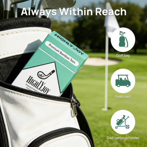 Image of a Funny Golf Tees Set With Flip Open Box 18 Pack Premium Three And A Quarter Inch Tees for Men Golfers in golf bag.