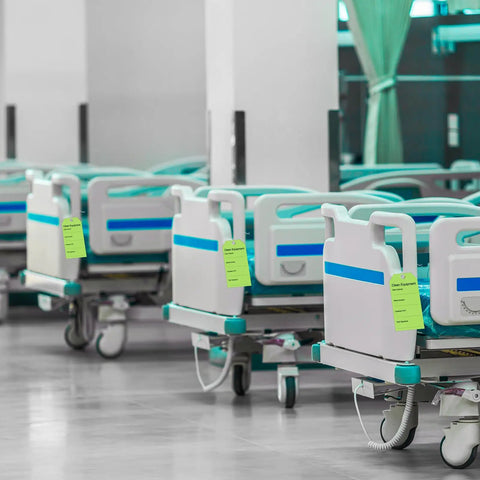 Green Clean Equipment Tags With Wire 500 Pack 2 5 16 By 4 3 4 Inch For Medical And Electrical Equipment Quick Easy Inspection And Maintenance Bright Durable Tags To Mark Clean Versus Dirty on hospital beds