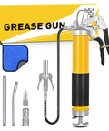 Heavy Duty Pistol Grip Grease Gun Kit With 18 Inch Flexible Hose Quick Release Coupler 8000 PSI Pressure 14 Oz Capacity Leak Proof Aluminum And Iron Construction For Auto Farm Marine And Industrial Use displayed with attachments and box.