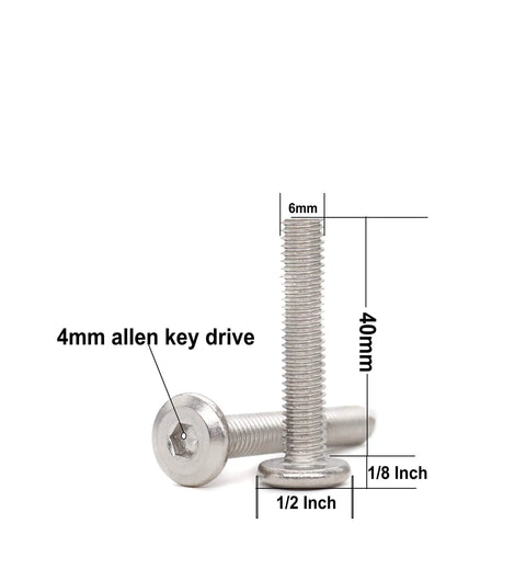 Built Tough M6 X 40mm Flat Socket Cap Allen Bolts Rivet Connectors forged from 304 stainless steel, detail view with measurements.