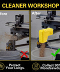 Before and after view using Dust Extraction Adapter For Table Saws 2.05 Inch Fit Snaps On 52mm Dust Ports And 2 Inch Vacuum Hoses