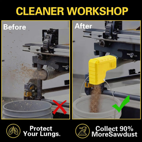 Before and after view using Dust Extraction Adapter For Table Saws 2.05 Inch Fit Snaps On 52mm Dust Ports And 2 Inch Vacuum Hoses
