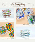 Stacked three pack medium clear hard shell zipper pouches filled with snacks, toys, travel and makeup essentials.