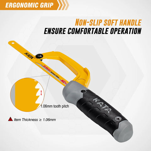 KATA mini hacksaw for metal with yellow 10-inch aluminum frame and black-gray handle, front-angle view