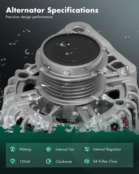 Close-up of a 90A alternator with internal regulator for 2011-2017 Hyundai Elantra and Kia Forte models, wet surface