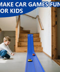 Two kids playing with 15 Ft Flexible Race Track Kit For 1:64 Diecast Cars, Portable DIY Racetrack With Suction Cup Ramp on stairs