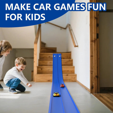 Two kids playing with 15 Ft Flexible Race Track Kit For 1:64 Diecast Cars, Portable DIY Racetrack With Suction Cup Ramp on stairs