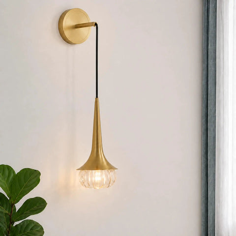 XYDikssn Gold Wall Sconce, Hardwired Wall Light with Brushed Brass and Clear Ribbed Glass Shade, modern hanging wall lamp.