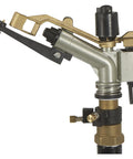 Close-up of Heavy Duty Tripod Sprinkler With Round Base And Brass Head, Three Nozzles, 120 Ft Coverage for lawn irrigation