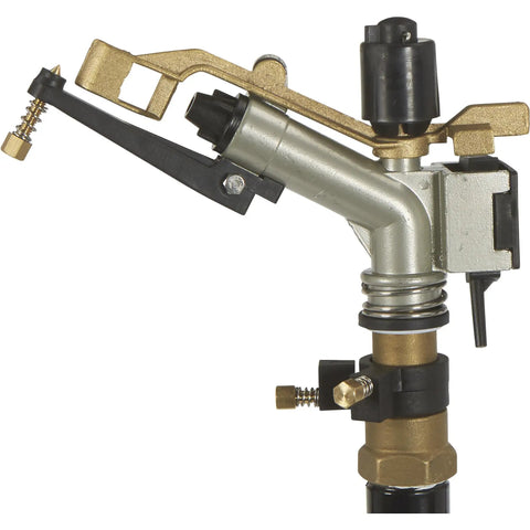 Close-up of Heavy Duty Tripod Sprinkler With Round Base And Brass Head, Three Nozzles, 120 Ft Coverage for lawn irrigation