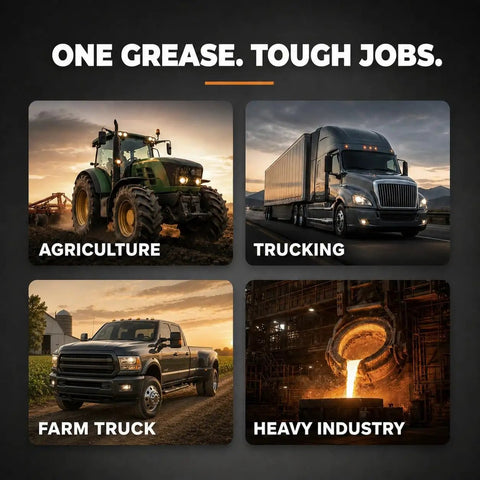 Spheron Grease NLGI 2 High Temp Heavy Duty Ultra Tacky EP Waterproof For 5th Wheel Joints Pivots Wheel Bearings And Chassis Ideal Lubricant For Tough Heavy Load Applications 14 Oz Tube 2 Pack shown with agriculture, trucking, farm truck, and heavy industry uses