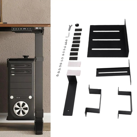 Under Desk PC Mount Heavy Duty Steel Computer Tower Holder Tool Free U Shaped Clamp secure mount with parts for easy installation.