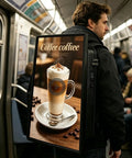 Street Smart Digital Ad Backpack Featuring 21.5 Inch High Def Lcd Screen And Rock Solid Wifi Plus Hdmi For Mobile Campaigns That Crush Every Neighborhood Block Or Local Cafe Hustle, showcasing a coffee advertisement.