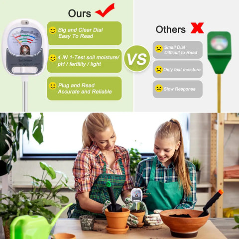 Image comparing advantages of 4 In 1 Soil Test Kit With Moisture Meter PH Meter Fertility And Sunlight Meter for gardening use