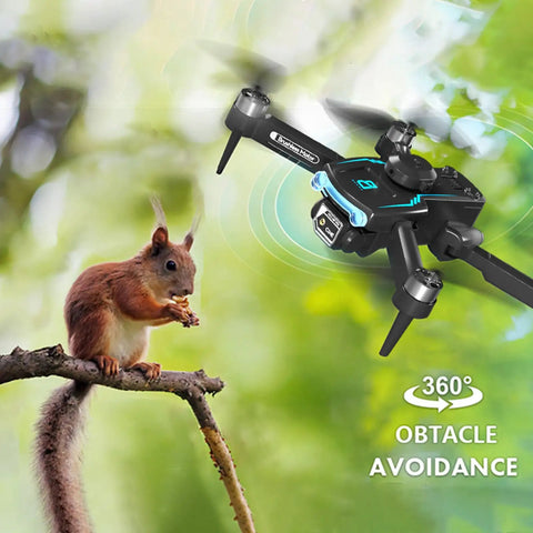 1080P HD Dual Camera Drone with Obstacle Avoidance near a squirrel in a forest setting