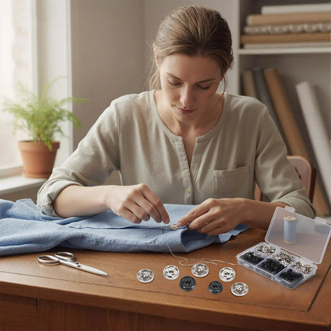 Woman using Must-Have Snap Button Kit For Fabric Sewing With 140 Pairs In Black And Silver All In One Variety Pack for a DIY project.