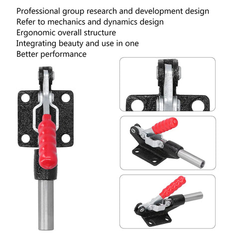 Heavy Duty Push Pull Toggle Clamp With 390 Kg Force shown from multiple angles, featuring ergonomic red handle and durable metal design.