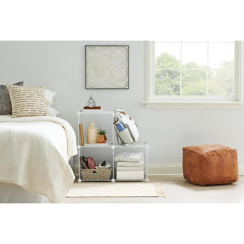 Three Piece Wire Stackable Cube Storage Set White For Closet Bookshelf And Toys Easy To Assemble Grab And Go Multi Use Home Organizer with blankets and decor in bedroom