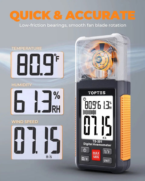 Handheld Wind Speed Meter With 2.26 Inch Backlit LCD Screen Digital Anemometer And Air Flow Meter For Sailing Surfing Drone Flying RC Planes Golf Shooting HVAC And Outdoor Adventures, showing wind, temp, humidity