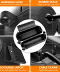 Outdoor Heavy Duty Weatherproof Electrical Box Set With Big And Small Boxes 6 Cable Entry Ports IP54 Rating Lockable Latches Rubber Seals Perfect For Power Strips Outlets Timers Holiday Lights Black, showing detailed features like hanging hole, rubber seals, lockable latch, and cable clamp.