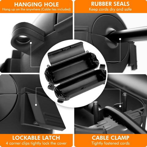 Outdoor Heavy Duty Weatherproof Electrical Box Set With Big And Small Boxes 6 Cable Entry Ports IP54 Rating Lockable Latches Rubber Seals Perfect For Power Strips Outlets Timers Holiday Lights Black, showing detailed features like hanging hole, rubber seals, lockable latch, and cable clamp.