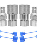 Four 3/8 in NPT flat-face hydraulic quick-connect couplers with blue dust caps; ISO 16028 metal fittings
