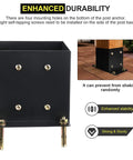 Close-up of 14 gauge steel black post base bracket, four mounting holes, shown bolted to wood post, Heavy Duty 6x6 Post Base Brackets Four Pack for Decks and Pavilion Railings Built To Last 14 Gauge Steel With Black Powder Coat Rust Resistant Inner 5.6x5.6 Inch Fit For 6x6 Posts Easy Bolt Down Installation On Concrete Or Wood.