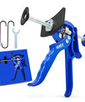 Speedy Brake Caliper Compression Tool For Quick Pad Replacements, shown with accessories and packaging, in blue and silver finish.