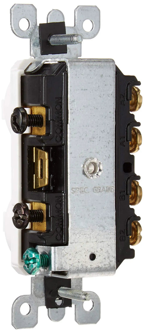 Side view of Specification-Grade 15 Amp 120/277V Duplex 3-Way AC Combination Switch, Non-Grounding, side-wired, durable thermoplastic.