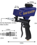 Grab And Go Gravity Feed Sandblaster Gun With Slick Flow Control And Comfort Grip, dimensions labeled, showing size and parts.
