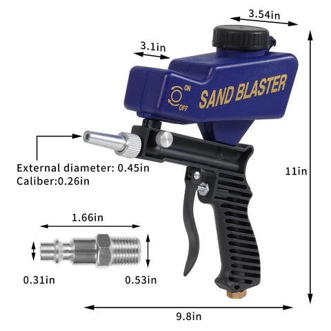Grab And Go Gravity Feed Sandblaster Gun With Slick Flow Control And Comfort Grip, dimensions labeled, showing size and parts.