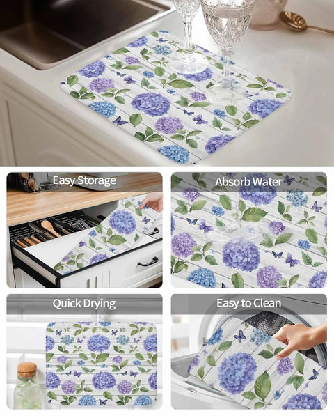Two Pack Kitchen Drying Mats Set With Hanging Loop Farmhouse White Wood Grain Microfiber Absorbent on countertop and in use