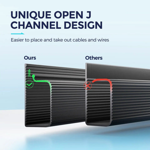 Unique open J channel design in Under Desk Cable Management Kit for Home and Office, easier to manage cables and wires, black color.