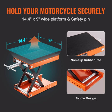 Heavy Duty Motorcycle Lift With Wide Deck and 1100 Lbs Capacity, Scissor Jack With Safety Pin, Adjustable Height From 3.7 To 13.8 Inches