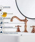 Check Out This Sweet Copper Two Handle Widespread Bathroom Faucet Fits 8 To 16 Inch Spread With Brass Body And Comes With Metal Pop Up Drain Overflow For Spot On Volume And Temp Adjustments installed on a bathroom sink
