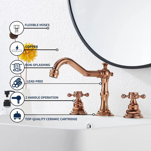 Check Out This Sweet Copper Two Handle Widespread Bathroom Faucet Fits 8 To 16 Inch Spread With Brass Body And Comes With Metal Pop Up Drain Overflow For Spot On Volume And Temp Adjustments installed on a bathroom sink