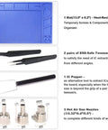 Pro Grade Digital Hot Air Rework Station tools: heat-resistant mat, ESD-safe tweezers, IC popper, hot air gun nozzles.